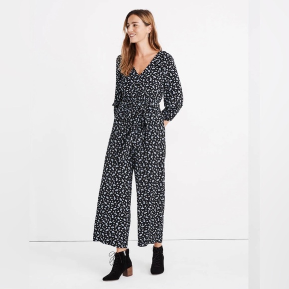 Madewell Pants - Madewell Black Ruffle-Sleeve Tie-Waist Jumpsuit in Blue Baby's Breath - Small